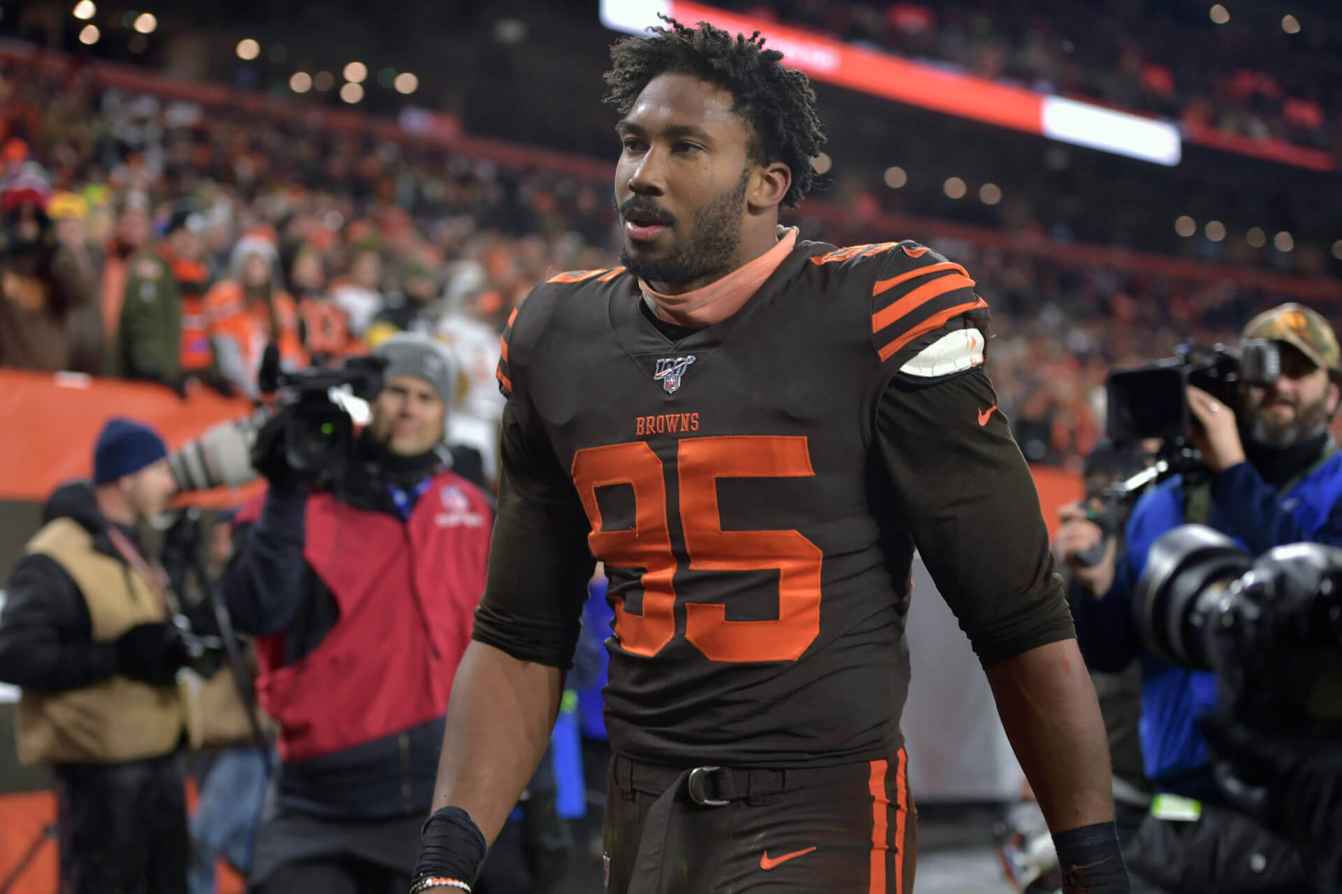 Cleveland Browns defensive end Myles Garrett (95) runs on the field during  an NFL football game