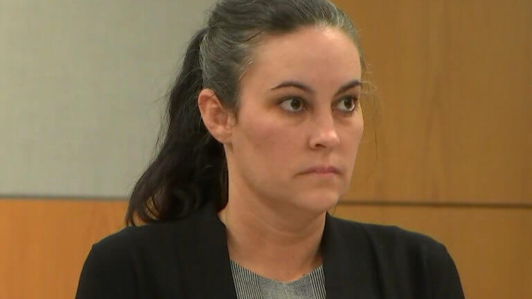 Ashley McArthur reacts as the jury's verdict is read in her murder trial