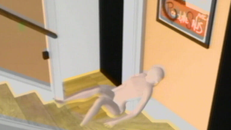 A still from an animation shows a body at the bottom of the stairs