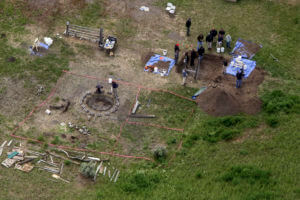 aerial view of investigators digging on Chad Daybell's property