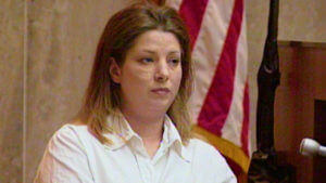 A woman testifies in court