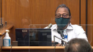 A person testifies wearing a face mask in court