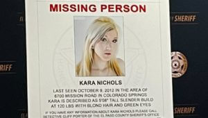 Missing person poster with photo of Kara Nichols from 2012.