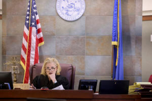 Clark County District Judge Michelle Leavitt listens in court in Las Vegas on Wednesday, Jan. 25, 2023