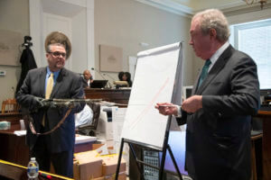 Kenneth Kinsey, left, and defense attorney Dick Harpootlian estimate the distance of a shotgun in Paul Murdaugh's murder