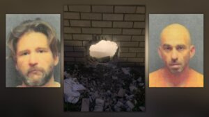 photos of John Michael Garza and Arley Vaughn Nemo inset over a hole in a jail wall