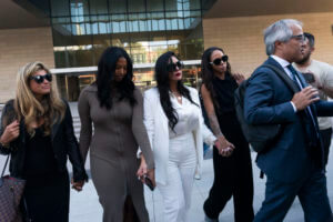 Vanessa Bryant, center, Kobe Bryant's widow, leaves a federal courthouse with her daughter Natalia