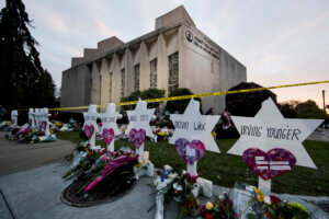 Wooden Jewish stars sit outside the Tree of Life synagogue as a memorial