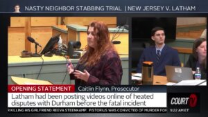 Prosecutor Caitlyn Flynn addresses jurors (left), Zachary Latham sits in court (right)