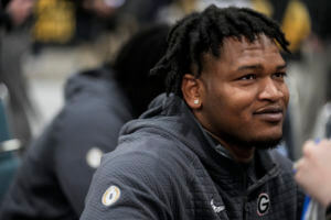Georgia defensive lineman Jalen Carter speaks during media day ahead of the national championship NCAA College Football Playoff game between Georgia and TCU