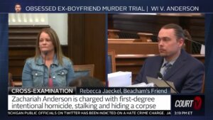 Rebecca Jaeckel, left, testifies at the trial for Zachariah Anderson, right.