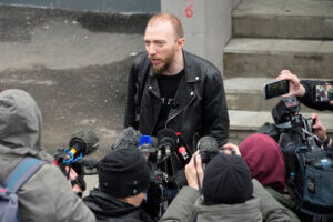 Daniil Berman, the lawyer of arrested Wall Street Journal reporter Evan Gershkovich, speaks to journalists