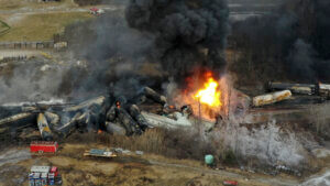 Damaged freight train cars at the scene of a derailment in Ohio.