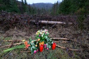 Flowers and candles are placed in a wooded area in Freudenberg
