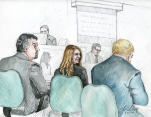 courtroom sketch shows Lori Vallow Daybell sitting between her attorneys.