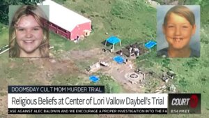 Photos of Tylee Ryan (left) and JJ Vallow (right) inset over aerial view of Chad Daybell's property.