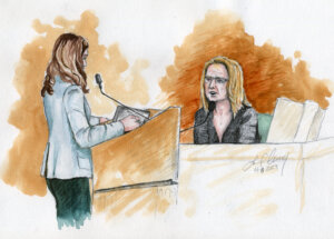Sketch of Melanie Gibb testifying in Lori Vallow Daybell's trial