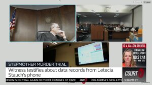 split screen showing judge, courtroom and witness during Letecia Stauch trial