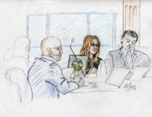 courtroom sketch, from left, depicts Madison County prosecutor Rob Wood, Lori Vallow Daybell and defense attorney Jim Archibald