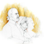 ourtroom sketch depicts Larry Woodcock & Kay Woodcock
