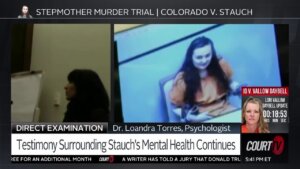 Dr. Leondra Torres testifies as a video of Letecia Stauch plays i the background