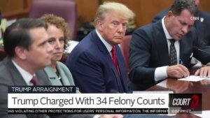 Former President Donald Trump sits with his attorneys in court