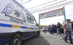 Ambulance outside Brazil daycare center where kids were attacked.