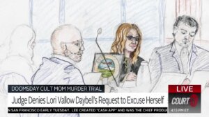 Sketch of Lori Vallow Daybell and attorneys in court.