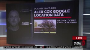 monitor on set with photo of alex cox and google image of Rexburg with text 