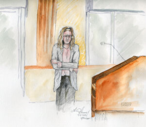 Courtroom sketch depicts a visibly shaken Lori Vallow Daybell.