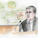 courtroom sketch of steve daniels on the witness stand