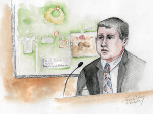 courtroom sketch of steve daniels on the witness stand