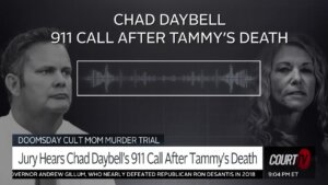 Graphic showing chad daybell's photo on left and lori vallow daybell's photo on right with text 