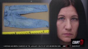 Photo of crystal smith next to evidence photo of jeans