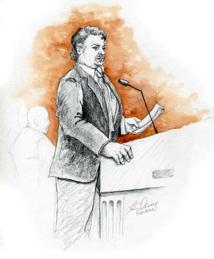 courtroom sketch depicts defense attorney Jim Archibald