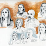 Courtroom sketch showing multiple witnesses who testified on Friday