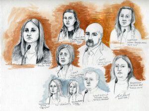 Courtroom sketch showing multiple witnesses who testified on Friday