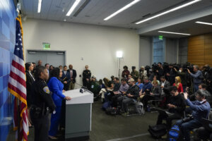 San Francisco Mayor London Breed gives a press conference to media