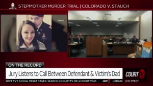 on the left, a photo of al and letecia stauch, as audio is played for the jury