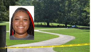 Background: park with crime scene tape, inset: photo of Tori Lang