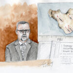 courtroom sketch of Douglas Halepaska testifying with an exhibit
