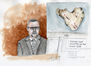 courtroom sketch of Douglas Halepaska testifying with an exhibit