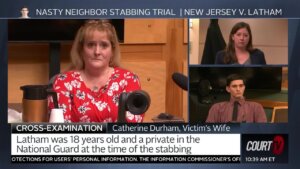 Catherine Tiffany Durham sits on the witness stand, as Caitlyn Flynn questions her and Zachary Latham sits at the counsel table