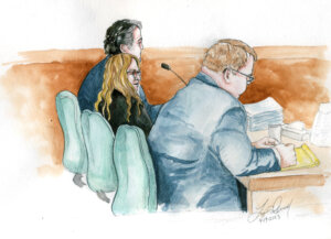 Courtroom sketch of Lori Vallow Daybell and her attorneys at the counsel table