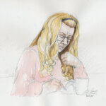 Courtroom sketch depicts Lori Vallow Daybell taking notes in court.