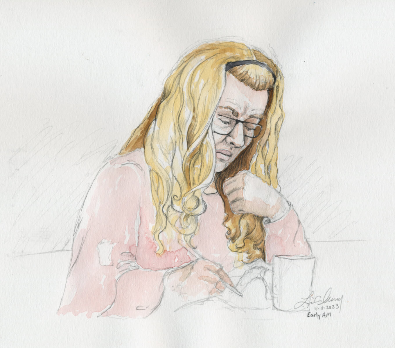 Courtroom sketch depicts Lori Vallow Daybell taking notes in court.