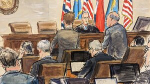 Sketch showing start of trial between Fox News and Dominion