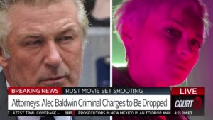 Split screen of alec baldwin (left) and Halyna Hutchins (right)