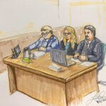 Lori Vallow Daybell sits between her attorneys in a courtroom sketch.