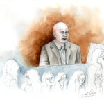 Courtroom sketch of Dr. Garth Warren testifying in court